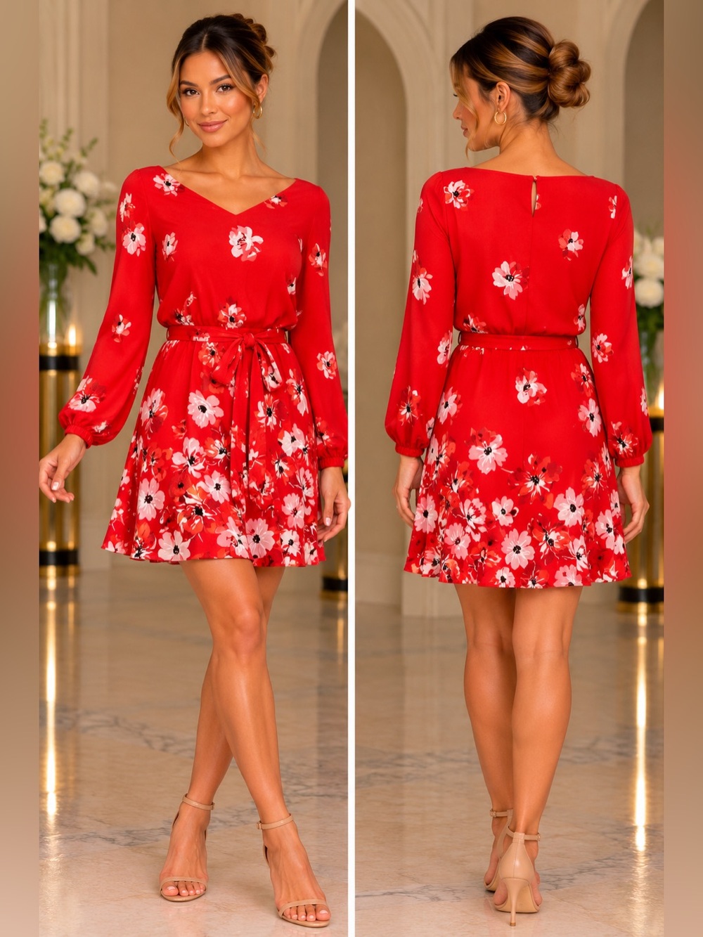 White House Black Market Red Floral V-Neck Long Sleeve Belted Dress 6 NWOT